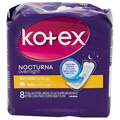 Toalla femenina Kotex nocturna sin alas 8 unidades Toalla femenina Kotex nocturna sin alas 8 unidades