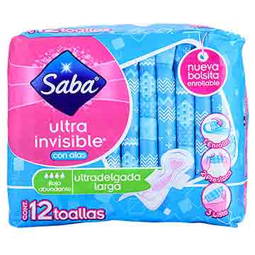 TOALLA SABA SANITARIA INVISIBLE LARG 12U TOALLA SABA SANITARIA INVISIBLE LARG 12U